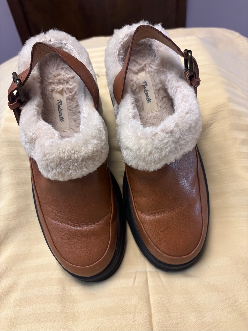 Madewell Brown Leather Fur-Lined Slingback Clogs